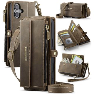 CaseMe iPhone 16 Crossbody Wallet Case with RFID Blocking & Wireless Charging Coffee