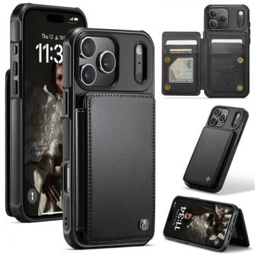 CaseMe iPhone 17 Pro Max RFID Blocking Card Holder Case with Kickstand Black