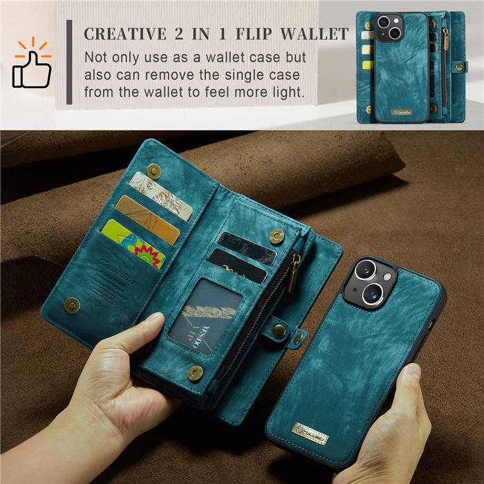 CaseMe iPhone 14 Plus Zipper Wallet Magnetic Detachable 2 in 1 Case with Wrist Strap