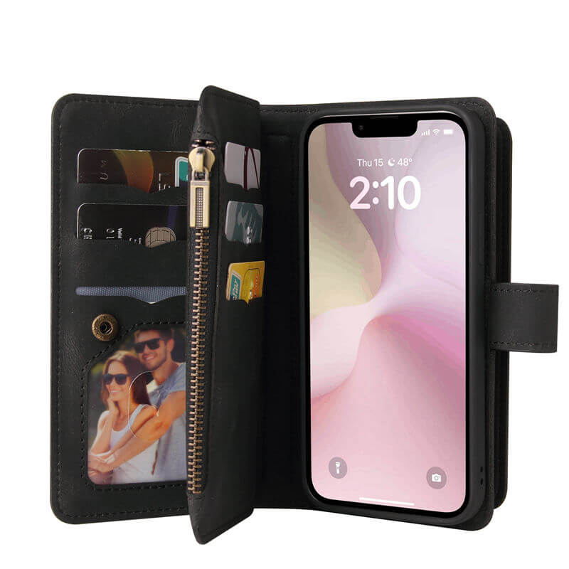 For iPhone 16e Wallet 15 Card Slots Leather Case with Wrist Strap