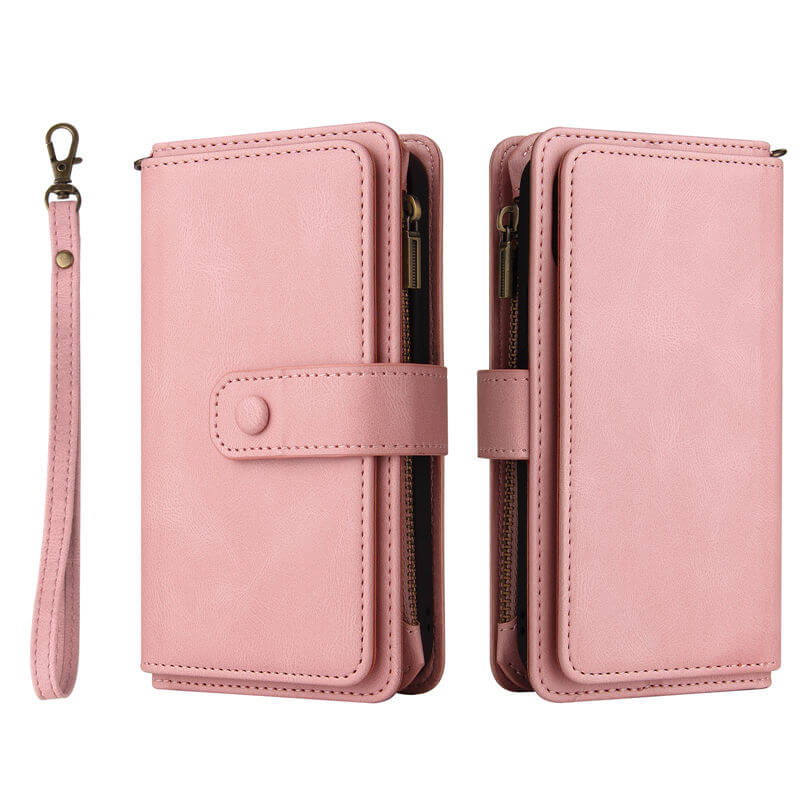 For iPhone 16e Wallet 15 Card Slots Leather Case with Wrist Strap